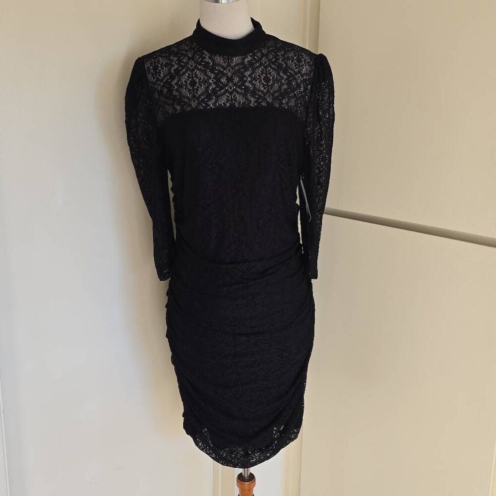NY&C Black Lace Ruched Sheath Drs, 3/4 Sheer Slvs,Mock Neck SheerNeckline, NWT,L